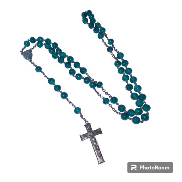 Green Glass Bead Holy Rosary 32" Prayer Crucifix Colorful Christian Religious - Picture 6 of 10